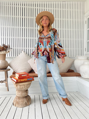 Jaase Imogen Blouse Top with V Neck Tie Buttoned Front - Wild Hearts - Style House Fashion Jaase