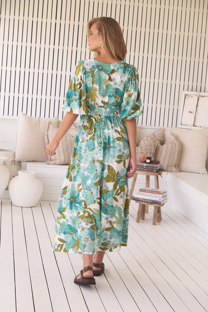 Jaase Daphne Maxi Dress with V-Neck A-Line Skirt Puff Sleeve - Amaya - Style House Fashion Jaase Jaase