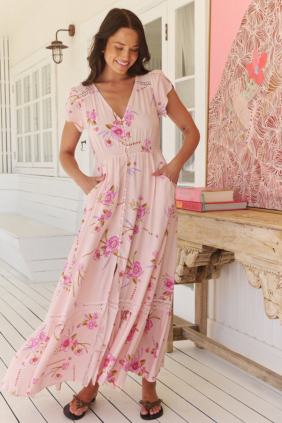 Jaase Carmen Maxi Dress with Cap Shell Sleeve V Neck Pockets Buttoned - Blushing Fields - Style House Fashion Jaase Jaase