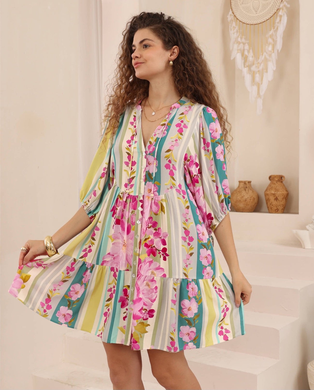 Iris Maxi Emma Mini Dress with V-Neck Buttons Pockets - Rosalia - Style House Fashion Iris Maxi