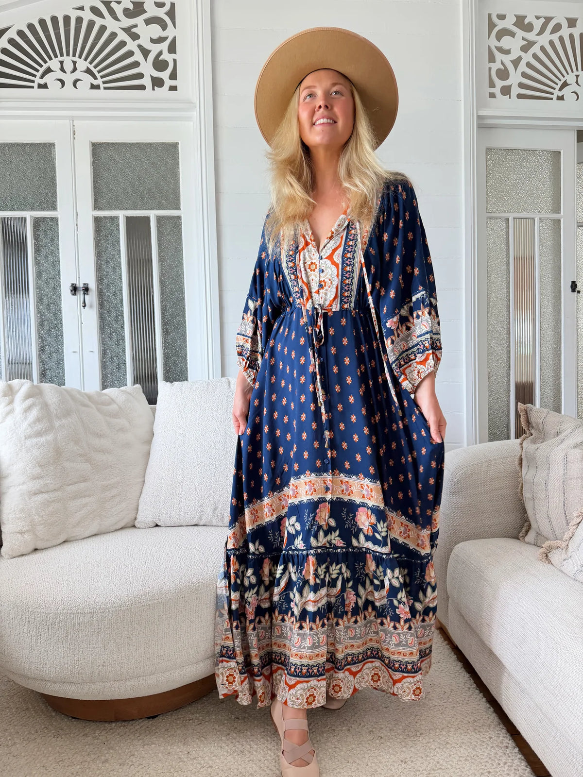 Jaase Catalonia Maxi Dress with Drawstring waist Batwing Sleeve Button Front - Asher - Style House Fashion Jaase