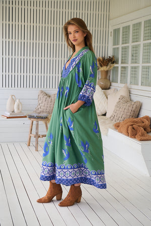 Jaase Boheme Midi Dress with Mandarin Collar V Neck Pockets - Bluebird - Style House Fashion Jaase