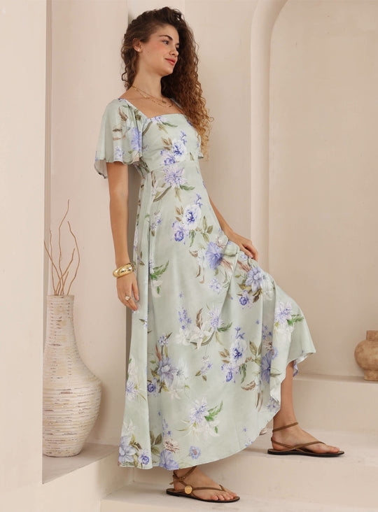 Iris Maxi Charlotte Maxi Dress with Shirred Bodice Flutter Sleeve - Cassidy