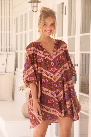 Jaase Cove Mini Dress with V Neck Relaxed Shift - Savanna - Style House Fashion Jaase