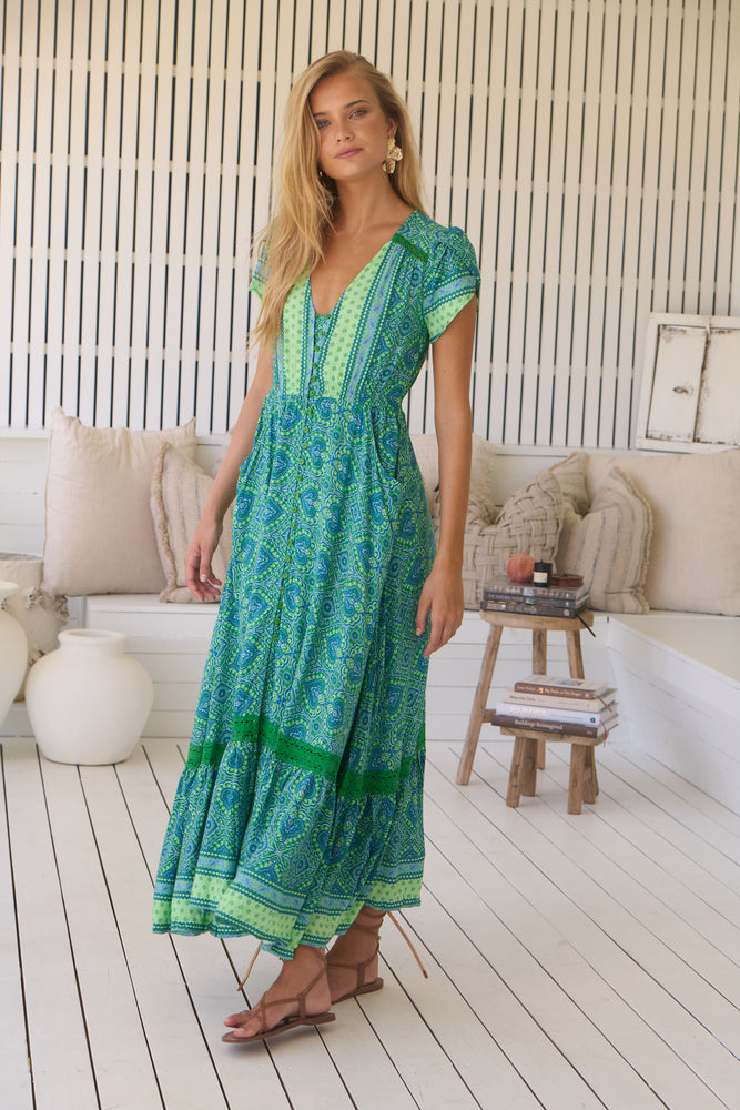 Jaase Carmen Maxi Dress with Cap Shell Sleeve V Neck Pockets Buttoned - Tranquility - Style House Fashion Jaase