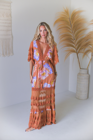 Jaase Bungalow Cotton Lace Maxi Dress with V-Neck Lace Drawstring Batwing Sleeve -Amara Bloom - Style House Fashion Jaase