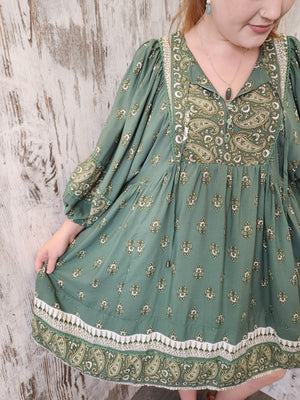 Jaase Adela Dress with Buttoned Bodice V-Neck Pockets - Viridian - Style House Fashion Jaase Adela Dress with Buttoned Bodice V-Neck Pockets - Viridian Jaase