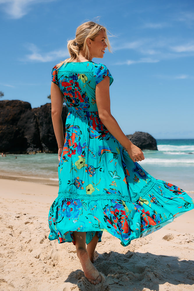 Jaase Carmen Maxi Dress with Cap Shell Sleeve V Neck Pockets Buttoned - Isla Mare - Style House Fashion Jaase Jaase Jaase