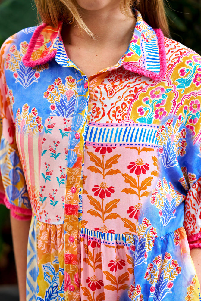 Boho Australia Alizee Mini Dress with V-Neck Buttons Pockets - Multi