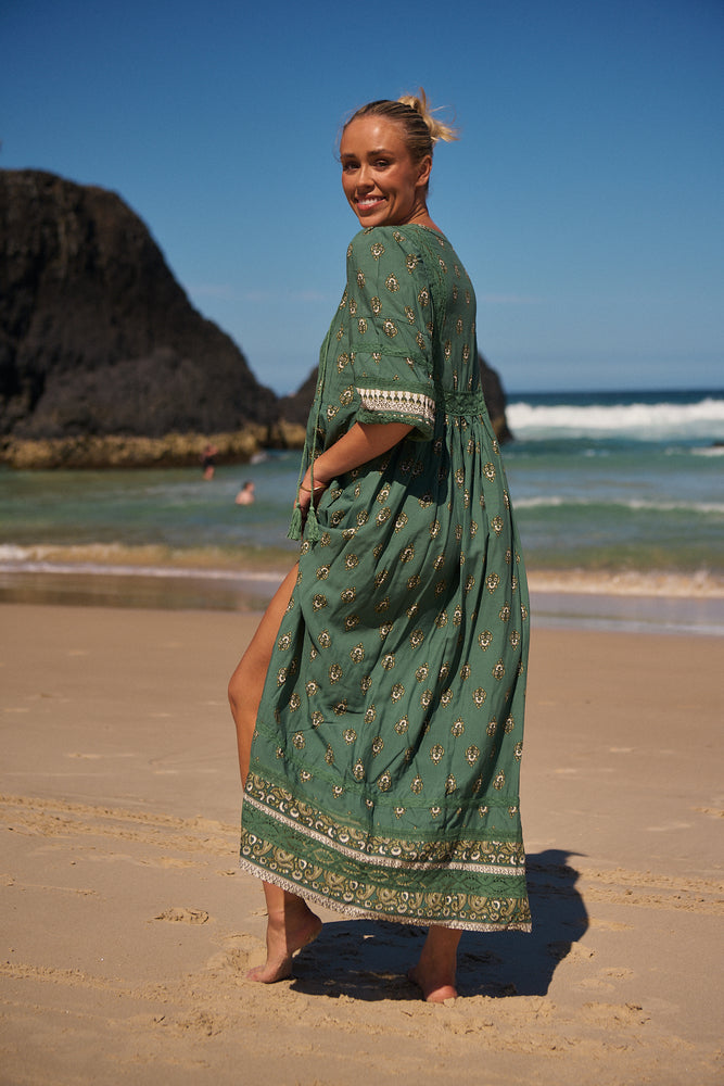 Jaase Meadow Maxi Dress with V Neck Button Bodice - Viridian