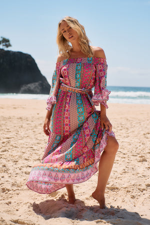 Jaase Tegan Maxi Dress with Shirred Waist Off Shoulder Wing Sleeve - Cedella - Style House Fashion