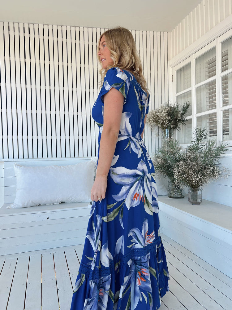 Jaase Carmen Maxi Dress with Cap Shell Sleeve V Neck Pockets Buttoned - Asteria - Style House Fashion Jaase Jaase