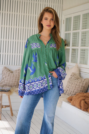 Jaase Bee Blouse Top with Mandarin Collar V Neck Buttons Lace Detail - Bluebird - Style House Fashion Jaase