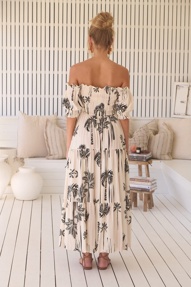 Jaase Claudette Maxi Dress With Shirred Bodice Puff Sleeve Off Shoulder Tiered Skirt - Serene - Style House Fashion Jaase Jaase