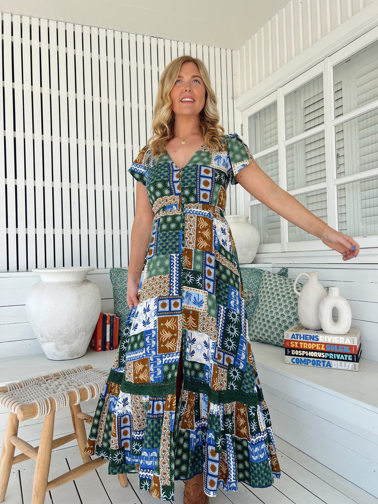 Jaase Carmen Maxi Dress with Cap Shell Sleeve V Neck Pockets Buttoned - Emerald Cove - Style House Fashion Jaase Jaase Jaase
