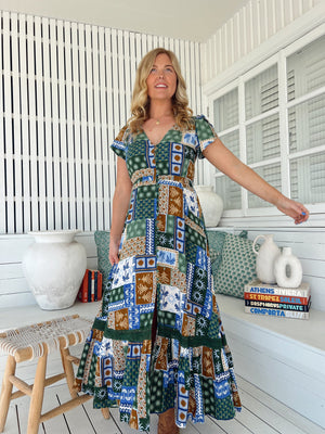 Jaase Carmen Maxi Dress with Cap Shell Sleeve V Neck Pockets Buttoned - Emerald Cove - Style House Fashion Jaase Jaase Jaase
