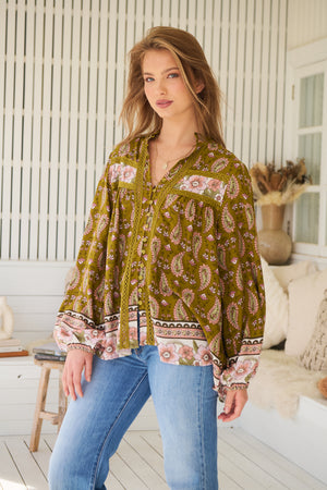 Jaase Bee Blouse Top with Mandarin Collar V Neck Buttons Lace Detail - Amalie - Style House Fashion Jaase Jaase Jaase Jaase