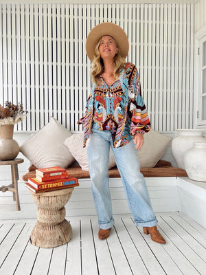 Jaase Imogen Blouse Top with V Neck Tie Buttoned Front - Wild Hearts - Style House Fashion Jaase