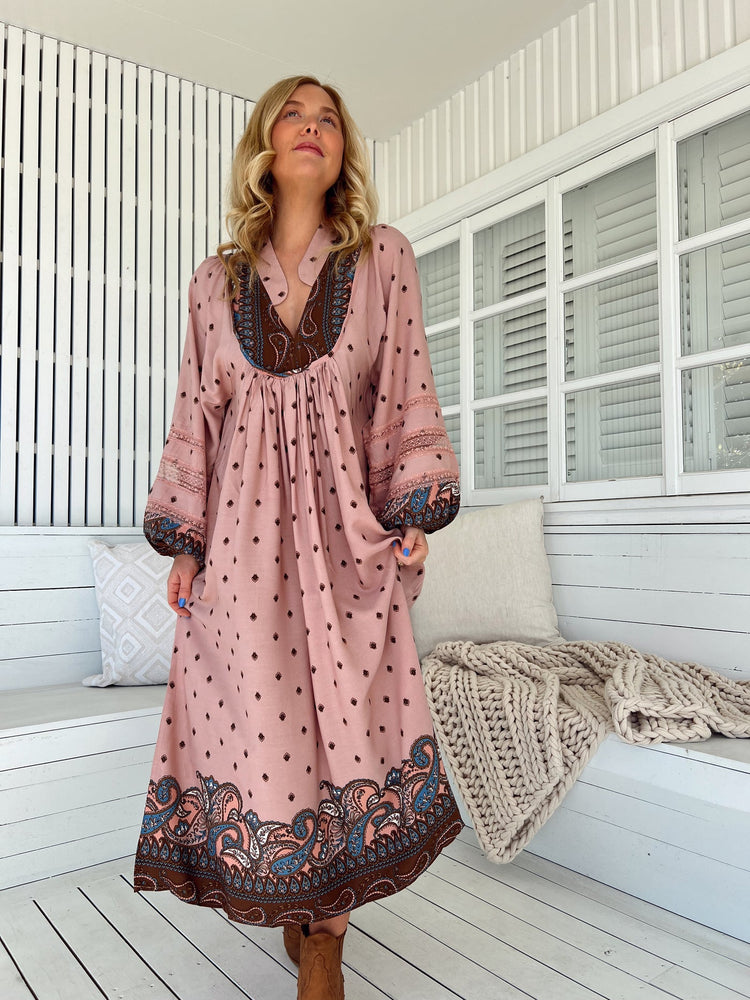 Jaase Boheme Midi Dress with Long Sleeve Lace Detail V Neck Pockets - Seraphina - Style House Fashion Jaase Jaase Jaase