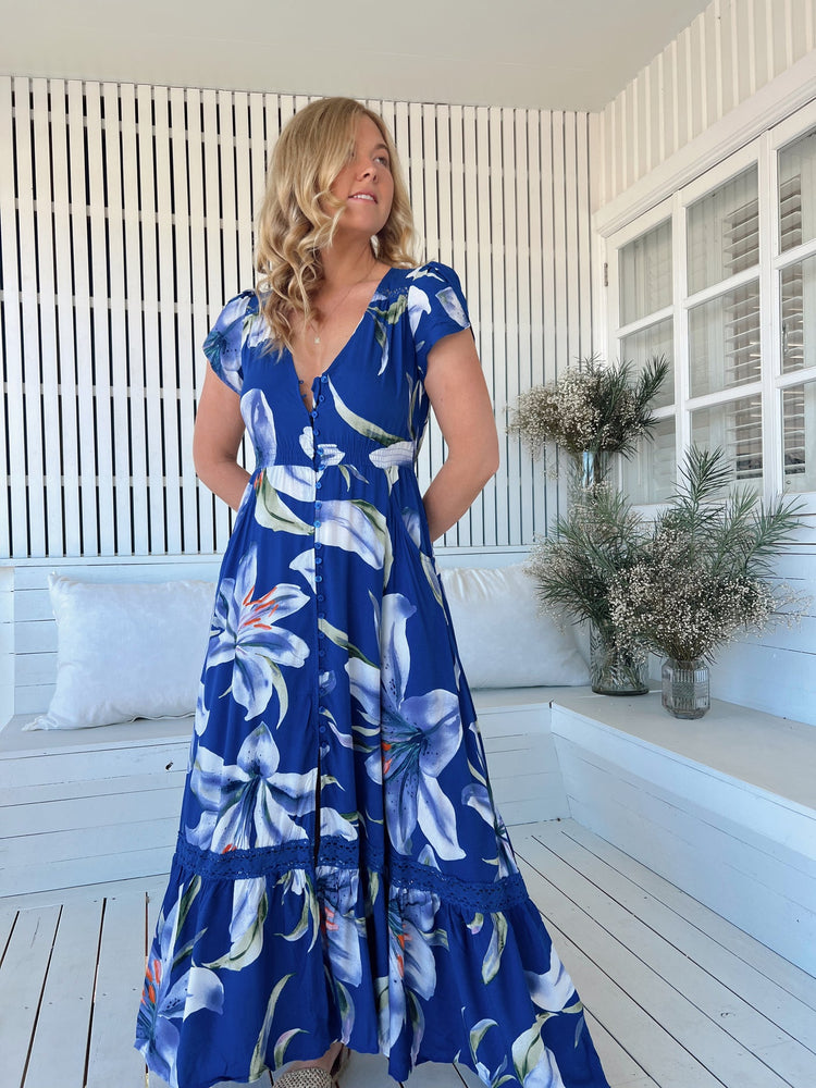 Jaase Carmen Maxi Dress with Cap Shell Sleeve V Neck Pockets Buttoned - Asteria - Style House Fashion Jaase Jaase