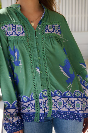 Jaase Bee Blouse Top with Mandarin Collar V Neck Buttons Lace Detail - Bluebird - Style House Fashion Jaase