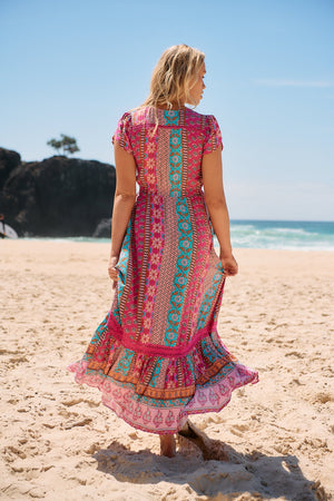 Jaase Carmen Maxi Dress with Cap Shell Sleeve V Neck Pockets Buttoned - Cedella - Style House Fashion Jaase Jaase Jaase