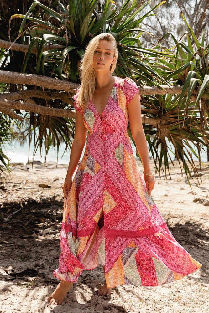 Jaase Carmen Maxi Dress with Cap Shell Sleeve V Neck Pockets Buttoned - Viva Bonita