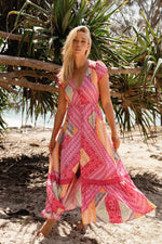 Jaase Carmen Maxi Dress with Cap Shell Sleeve V Neck Pockets Buttoned - Viva Bonita