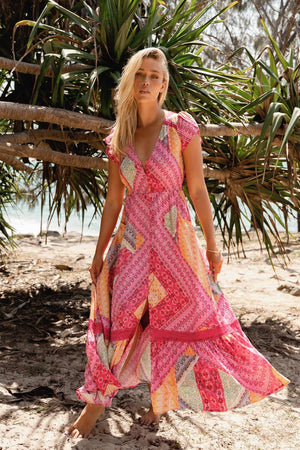 Jaase Carmen Maxi Dress with Cap Shell Sleeve V Neck Pockets Buttoned - Viva Bonita - Style House Fashion Jaase