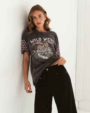 Paper Heart Wild West  Slightly Oversized Vintage T-Shirt - Black Stone Wash
