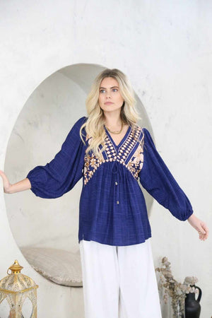 Julie Blouse Top V Neck Marrakech Collection - Style House Fashion Salty Bright