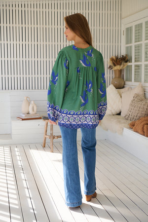 Jaase Bee Blouse Top with Mandarin Collar V Neck Buttons Lace Detail - Bluebird