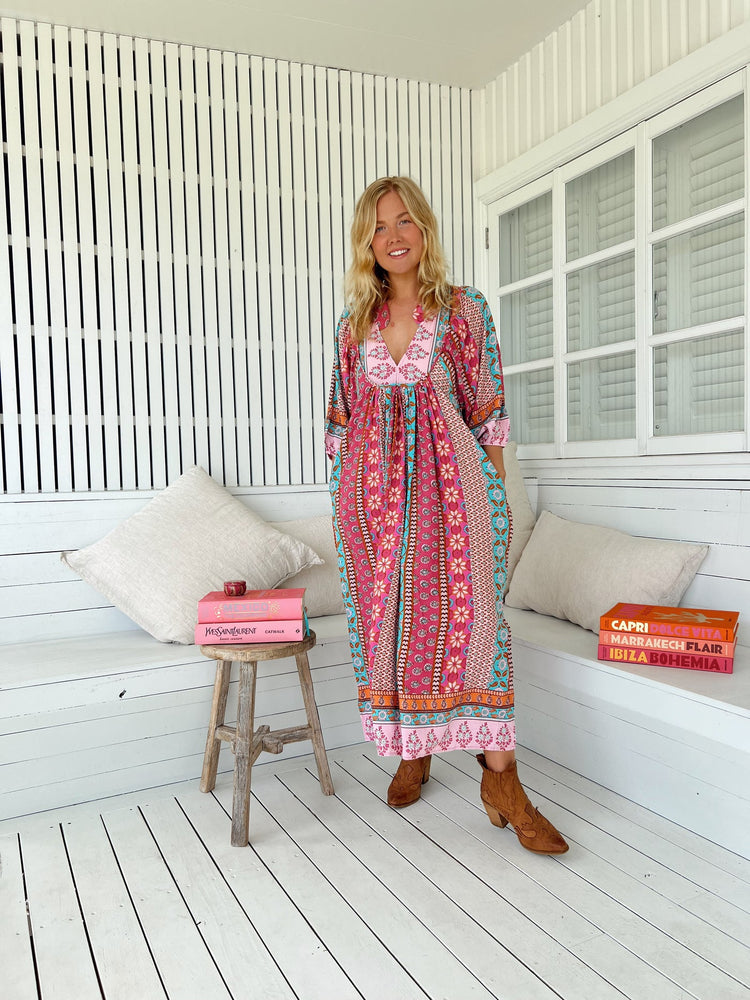 Jaase Boheme Midi Dress with Mandarin Collar V Neck Pockets - Cedella - Style House Fashion
