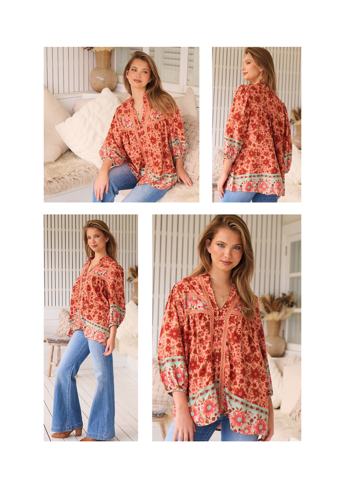 Jaase Bee Blouse Top with Mandarin Collar V Neck Buttons Lace Detail - Lillianna - Style House Fashion Jaase