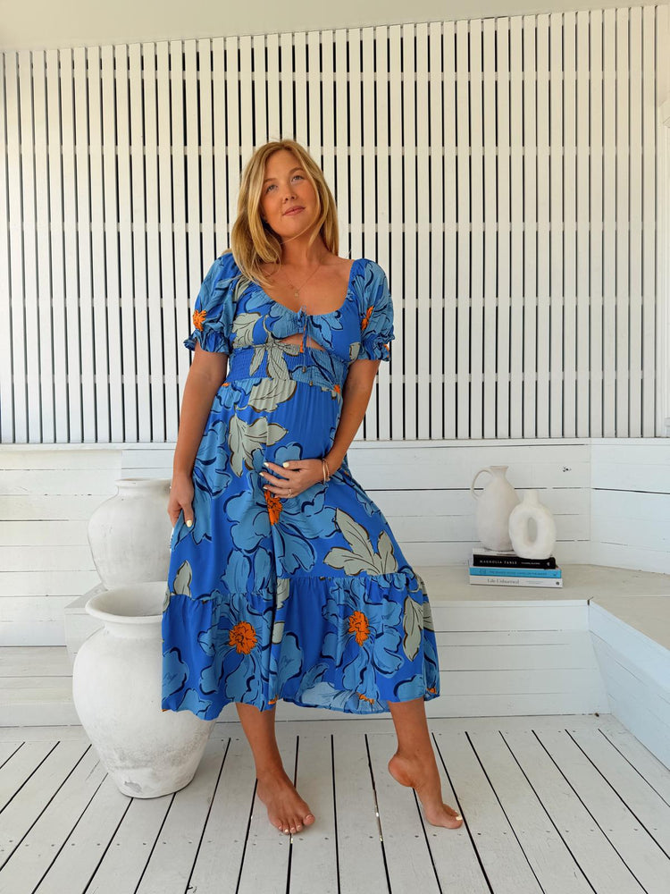 Jaase Rini Midi Dress V Neck Off Shoulder Elastic Waist - Blue Bell - Style House Fashion Jaase