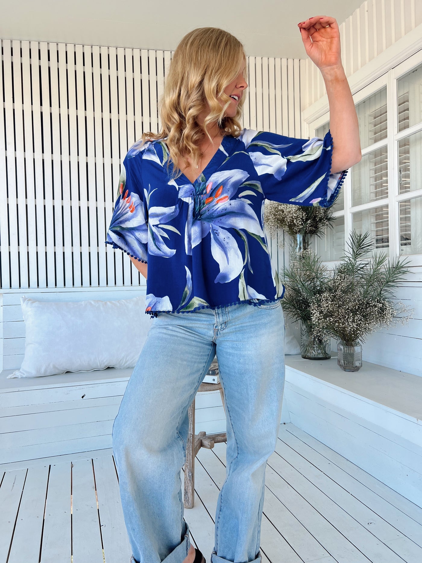 Jaase Gabriella Blouse Top with V Neck Lantern Sleeve - Asteria - Style House Fashion Jaase