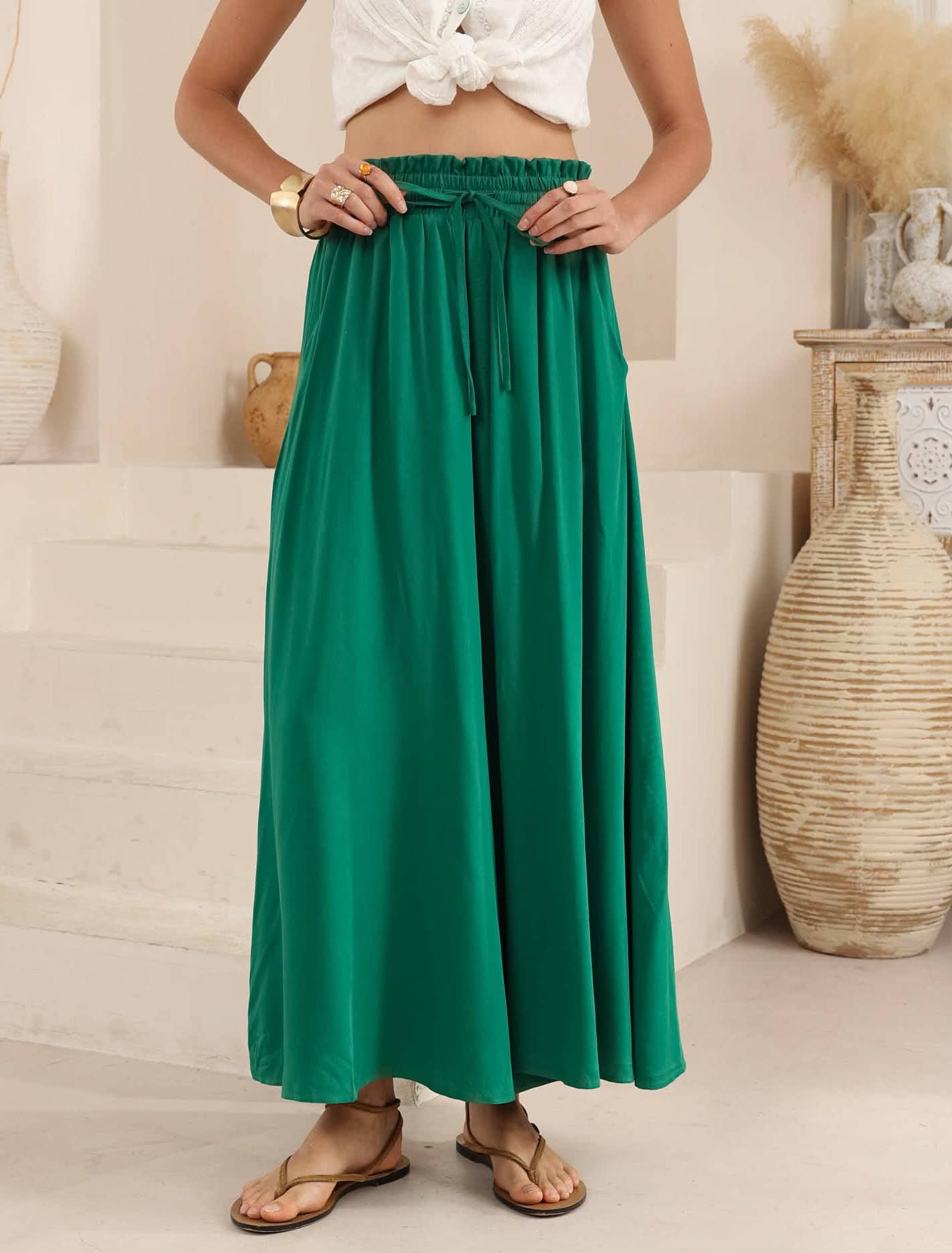 Iris Maxi Palazzo Pants Drawstring Waist Wide Leg - Emerald - Style House Fashion