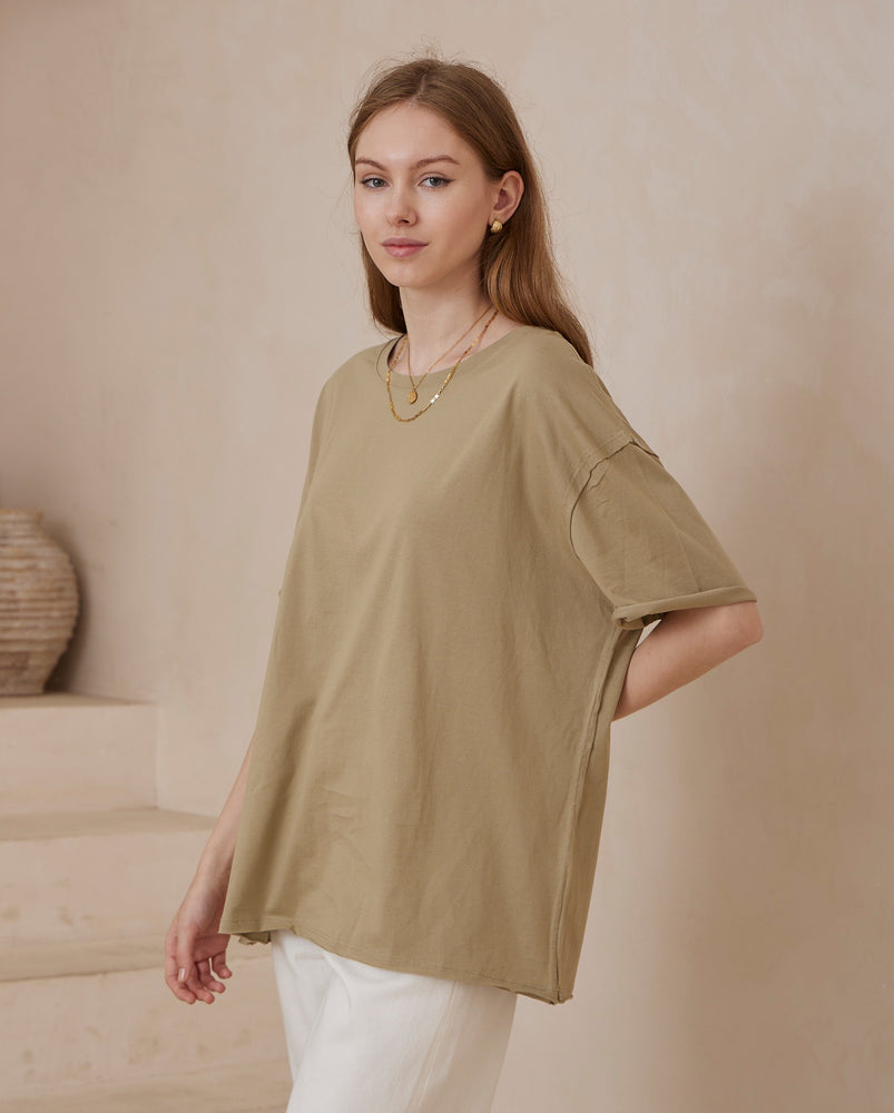 Iris Maxi Tia Basic Oversized T'Shirt with Round Neck Raw Edge - Khaki - Style House Fashion