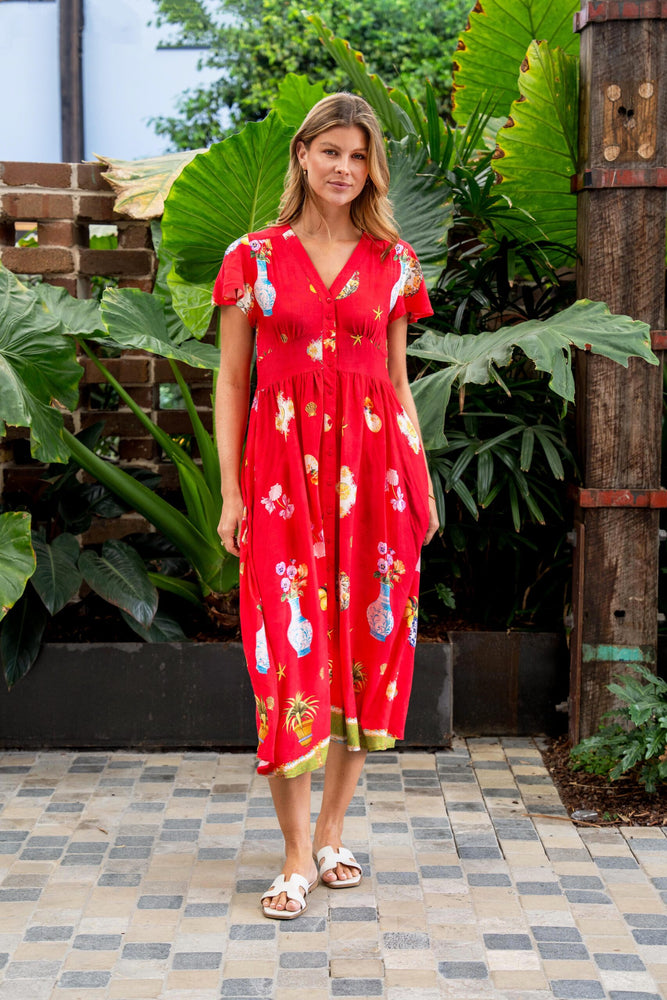 Boho Australia Shepard Midi Dress with V-Neck Buttons Pockets - Red