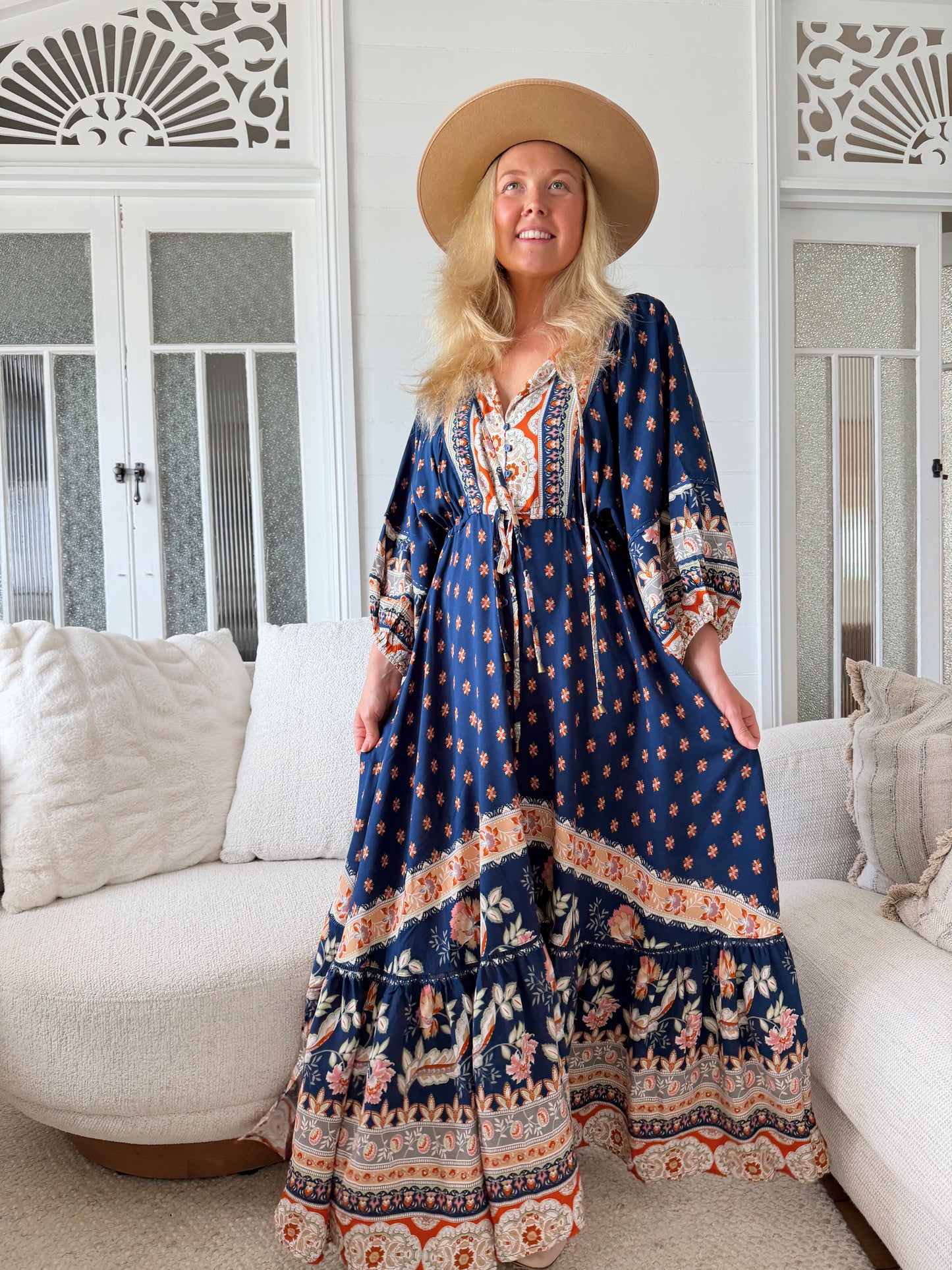 Jaase Catalonia Maxi Dress with Drawstring waist Batwing Sleeve Button Front - Asha - Style House Fashion