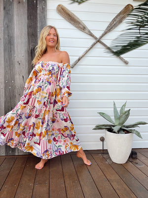 Jaase Tulli Midi Dress with Shirred Bodice Pockets Puff Sleeve - Sweet Lilly - Style House Fashion Jaase Jaase Jaase