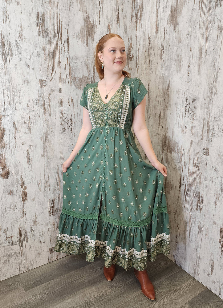 Jaase Carmen Maxi Dress with Cap Shell Sleeve V Neck Pockets Buttoned - Viridian - Style House Fashion Jaase Jaase Jaase Jaase Jaase Jaase