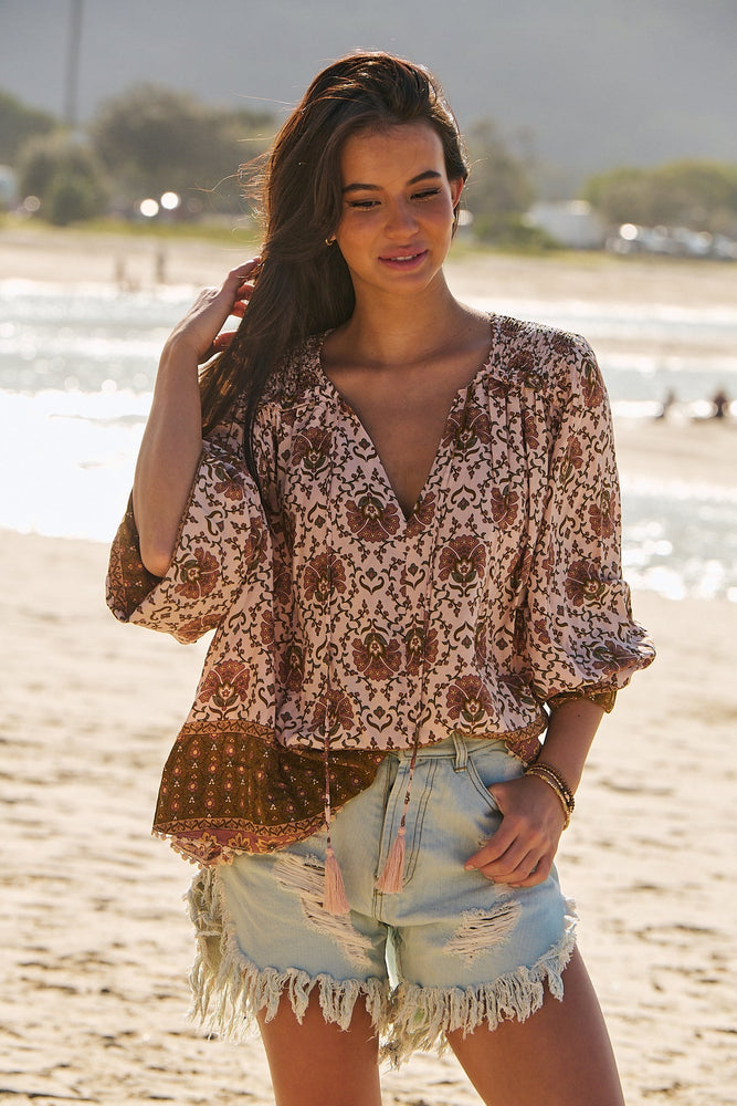 Jaase Rue Top Blouse with V Neck Billowy Sleeve - Wild Gypsy - Style House Fashion Jaase