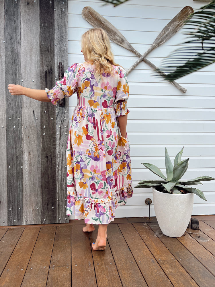 Jaase Kora Midi Dress with Tie Up V Neck Pockets Short Sleeve - Sweet Lilly - Style House Fashion Jaase Jaase