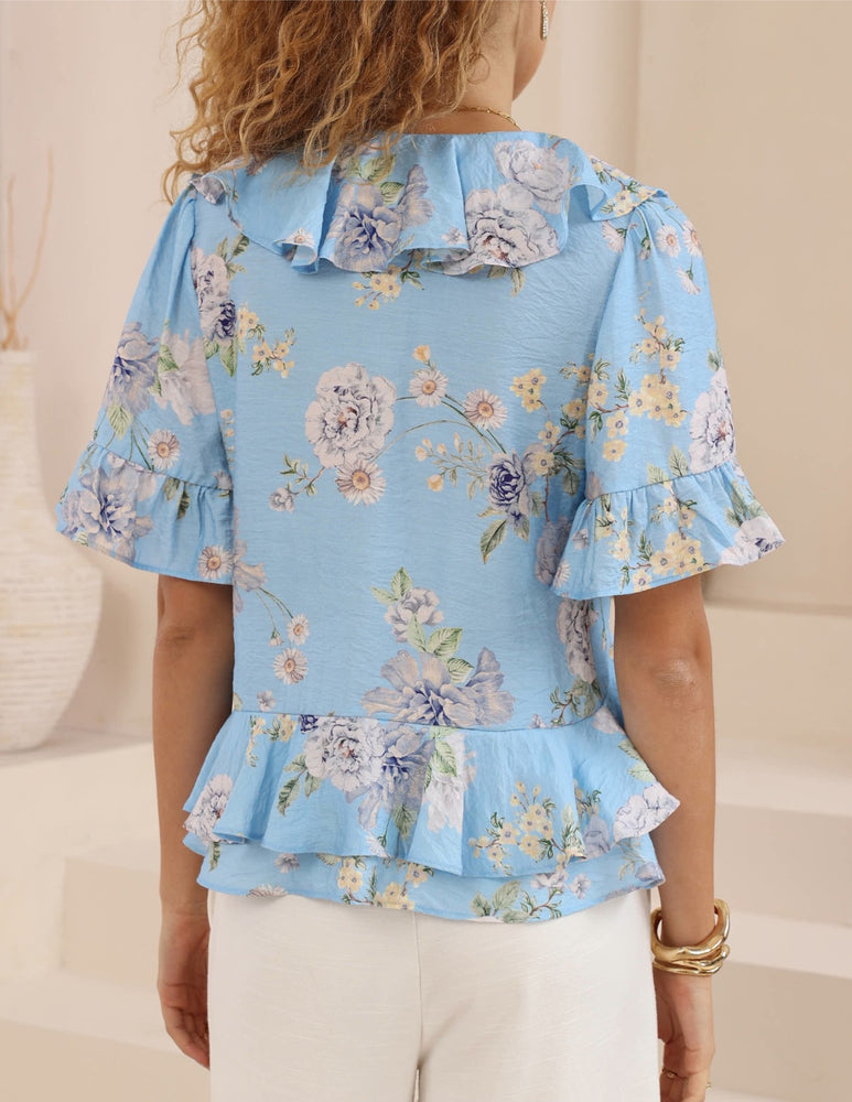 Iris Maxi Jayde Boho Frilled Blouse V Neck Buttoned - Sapphire Bloom