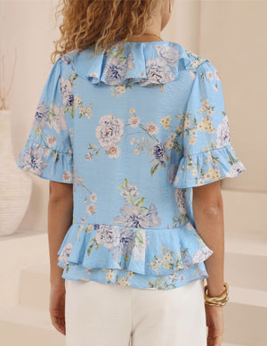 Iris Maxi Jayde Boho Frilled Blouse V Neck Buttoned - Sapphire Bloom