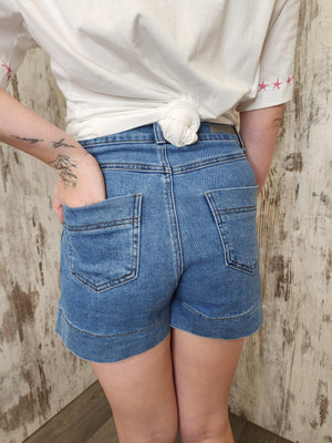 Country Denim Jodie Stretch High Rise Cargo Shorts - Mid Blue