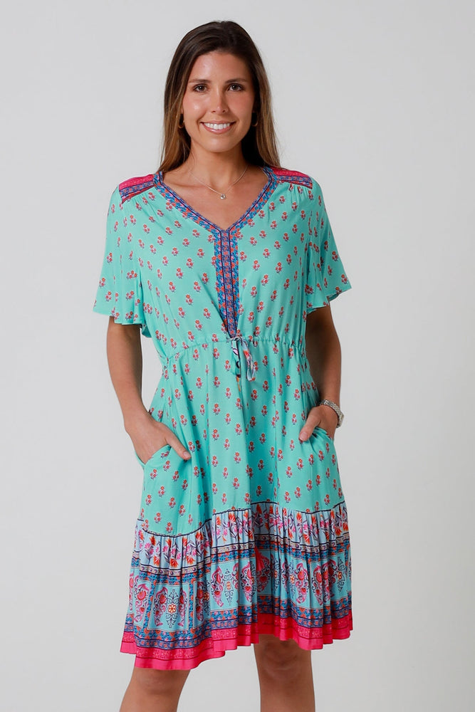 Isabella Wrenlea Mini Dress with V-Neck Pockets - Aqua Floral