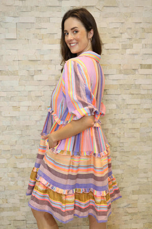 Joop & Gypsy Carolina Jacquard Dress with V-Neck Collar Pockets - Multi Striped