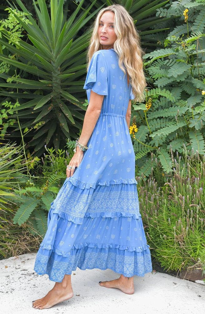 Jaase Lolana Maxi Dress with V Neck Flutter Sleeve Drawstring - Azure Sky - Style House Fashion Jaase